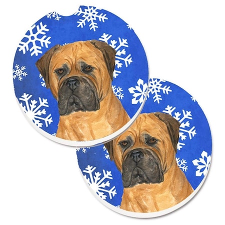 Carolines Treasures Bullmastiff Winter Snowflakes Holiday Set of 2 Cup Holder Car Coaster SS4655CARC